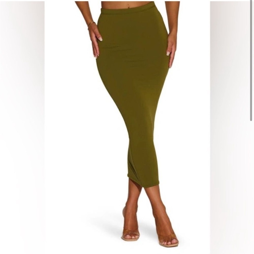 naked wardrobe Olive Green Midi Pencil Skirt